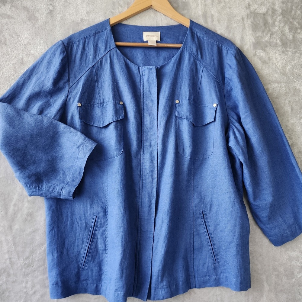 Chicos Linen Jacket Womens Size XL 3 Periwinkle Blue Pockets Full Zip 3/4 Sleeve